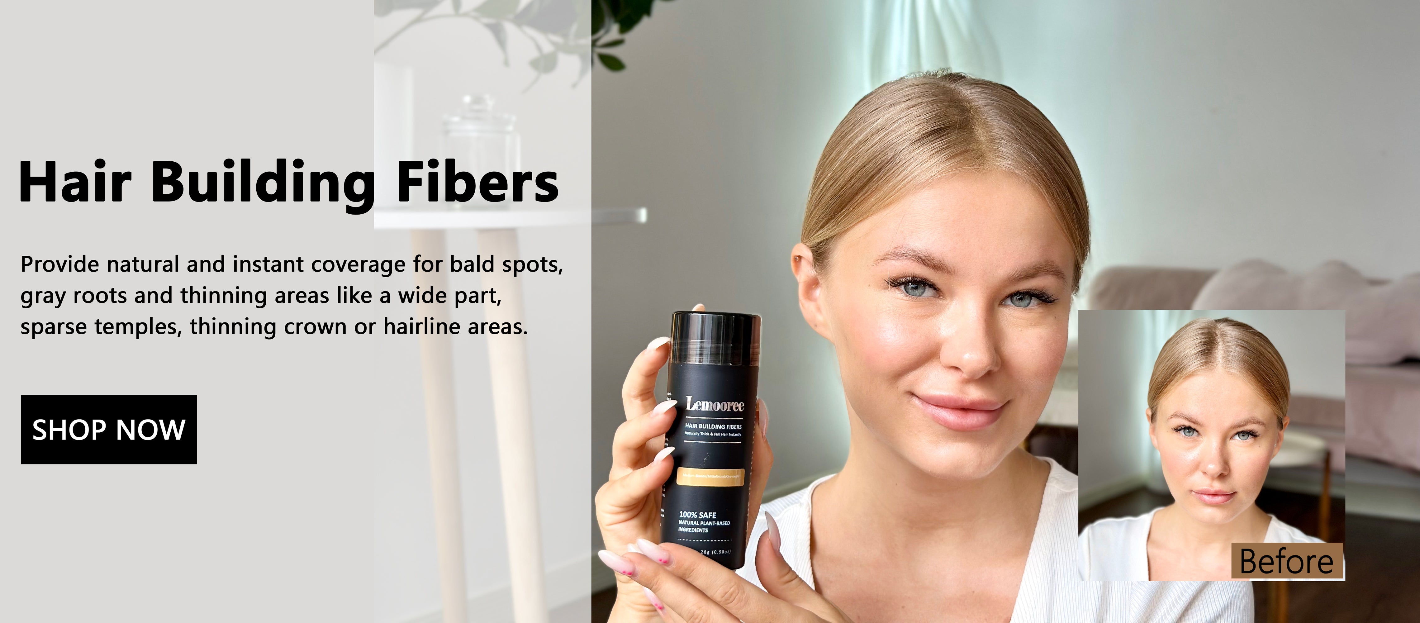 Before and after comparison images of using Lemooree Hair Building Fibers