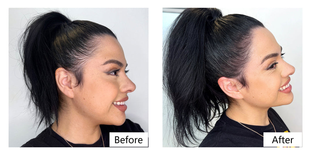 Before and after comparison images of using Lemooree Hair Building Fibers 1