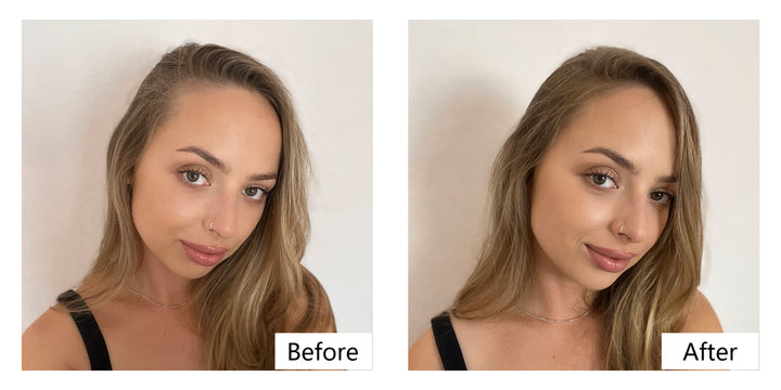 Before and after comparison images of using Lemooree Hair Building Fibers 2