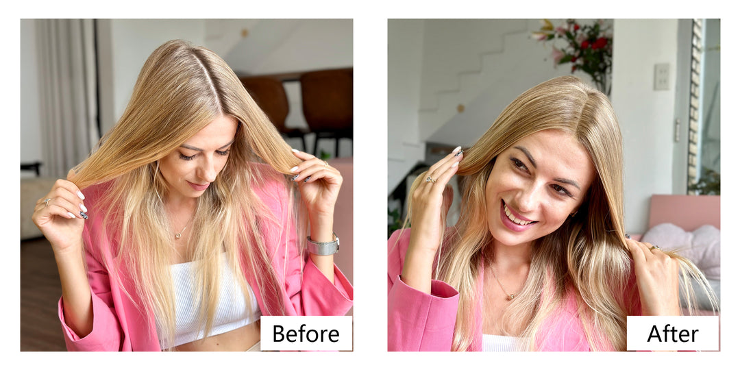 Before and after comparison images of using Lemooree Hair Building Fibers 4